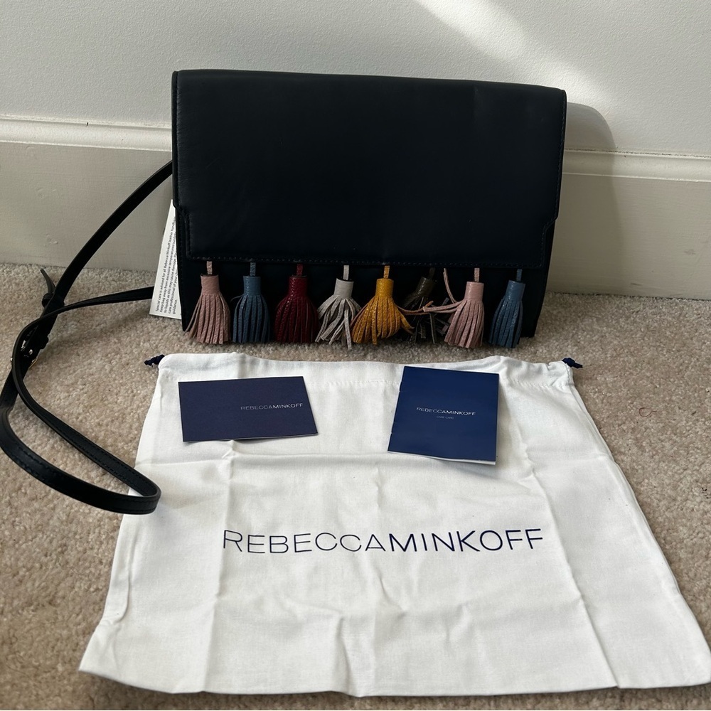REBECCA MINKOFF Sofia Dark Blue Suede Tassel Convertible Clutch Crossbody Bag - Picture 2 of 10